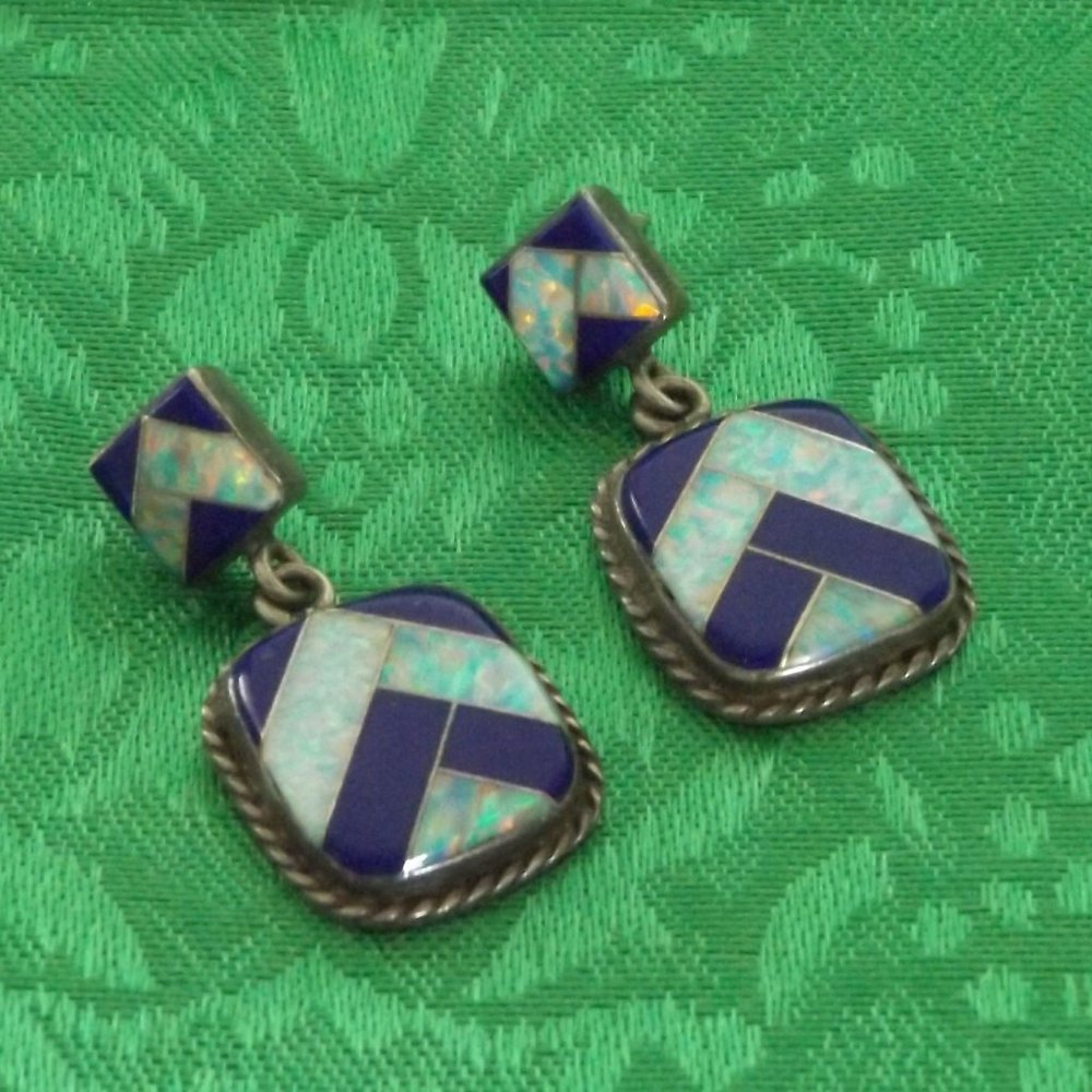 Black Onyx & Abalone Shell Inlay Silver Earrings - image 1